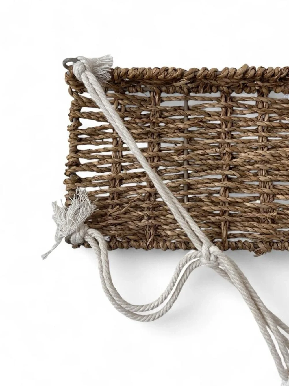 15” Rustic Boho Natural Seagrass Hanging Shelf Woven Cotton Triangular Macrame